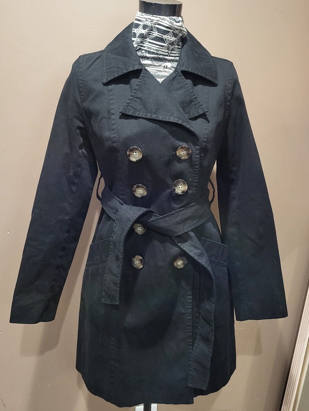Old Navy Black Double-Breasted Cotton Trench Coat with Belt